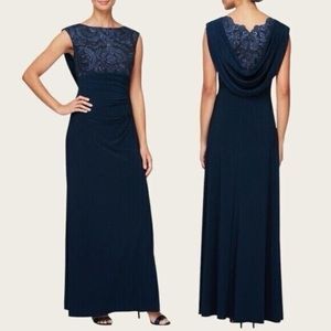 Alex Evenings Empire Lace Gown Navy Size 16 Maxi Evening Dress Drape Back NWT‎